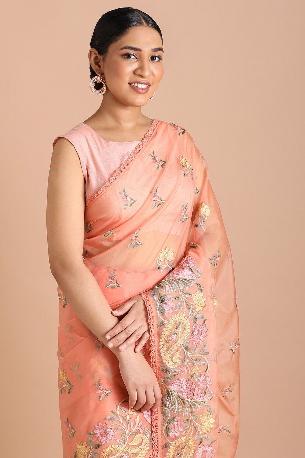 Light Pure Orange Embroidered Saree image number null