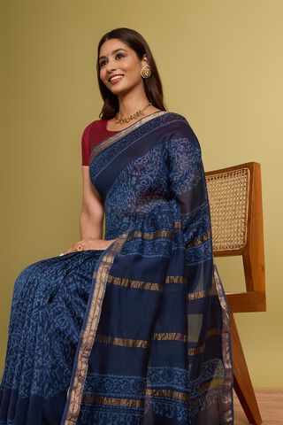 Dark Blue Pure Silk Cotton Batik Saree thumbnail image number null