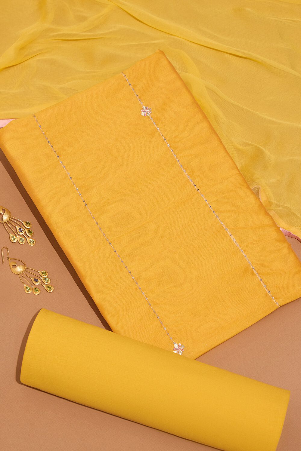 Yellow Pure Silk Cotton Embroidered Unstitched Suit Set image number null