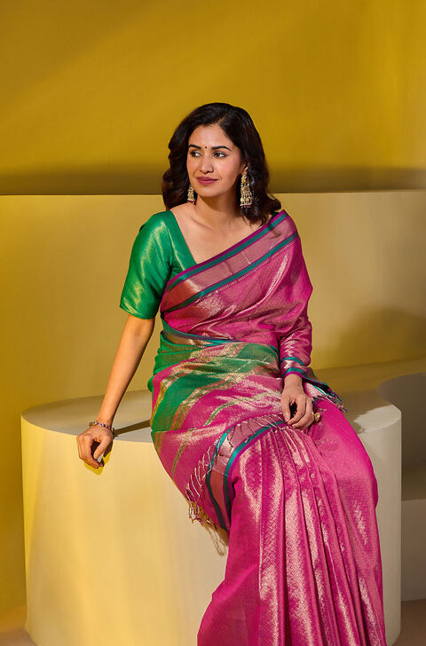 Dark Pink Brocade Pure Silk Cotton Maheshwari Saree