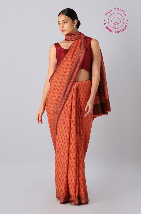 Orange Pure Cotton Bagh Printed Saree