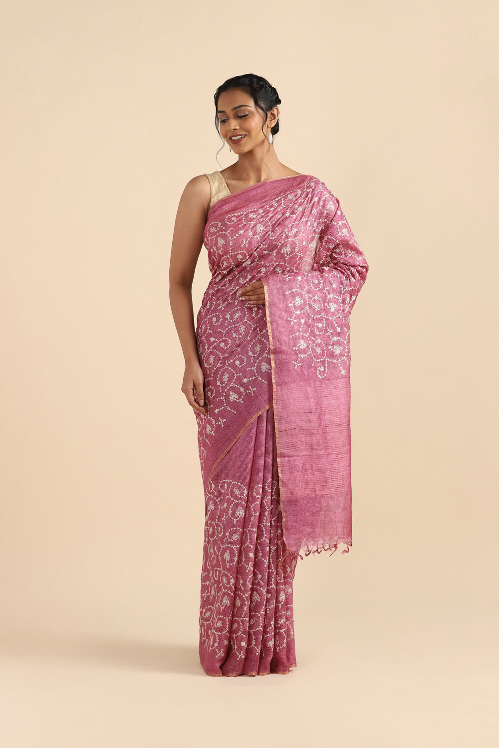 Pink Pure Tussar Embroidered Saree image number null