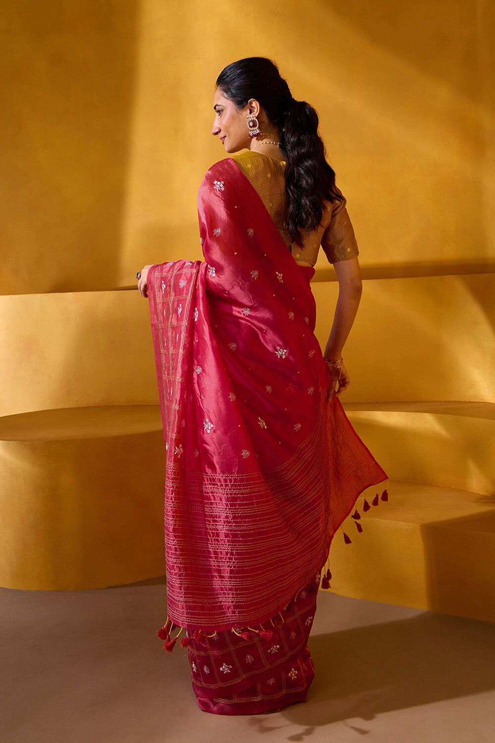 Red Embroidered Silk Tencel Saree image number null