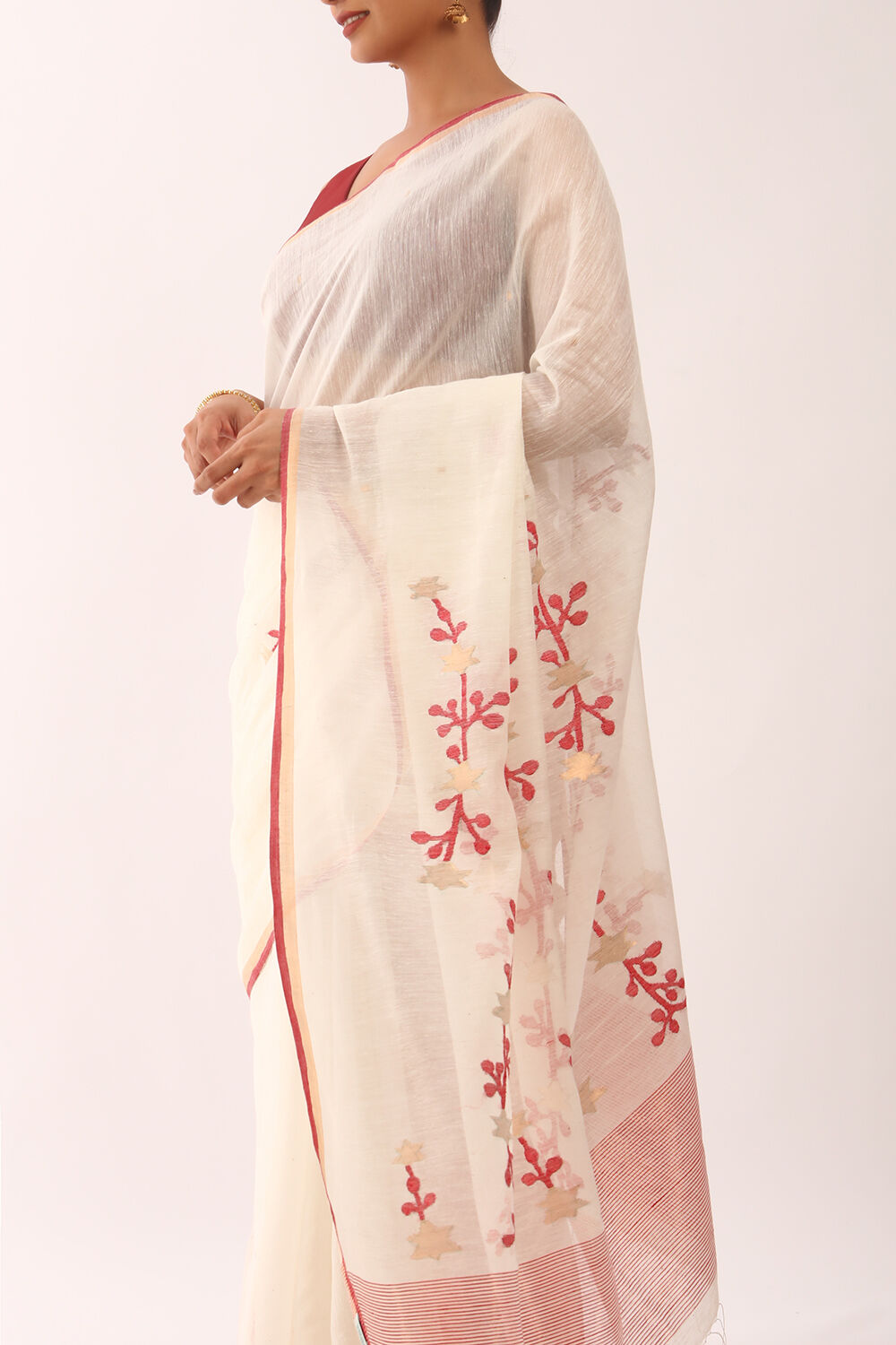 Off-White Bengali Silk Khadi Cotton Jamdani Saree image number null
