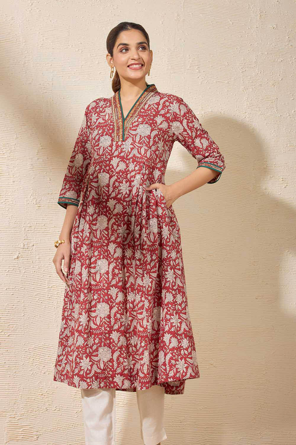 Red Pure Cotton Printed Sanganeri Kurta image number null