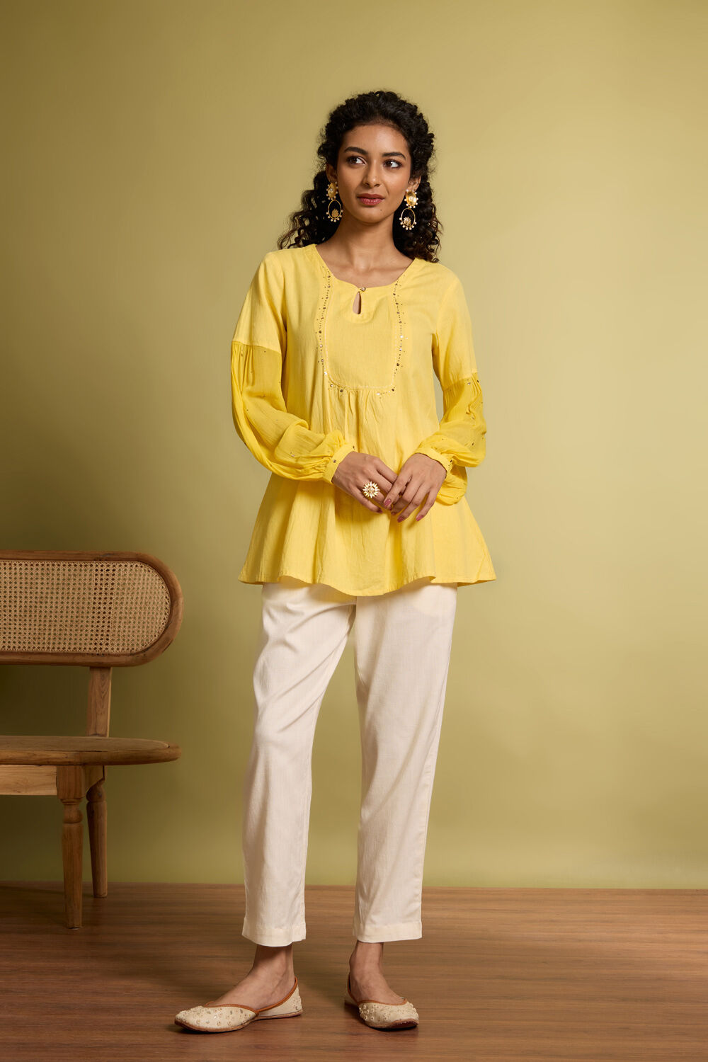 Yellow Pure Cotton Linen Mukaish Embroidered Short Top image number null