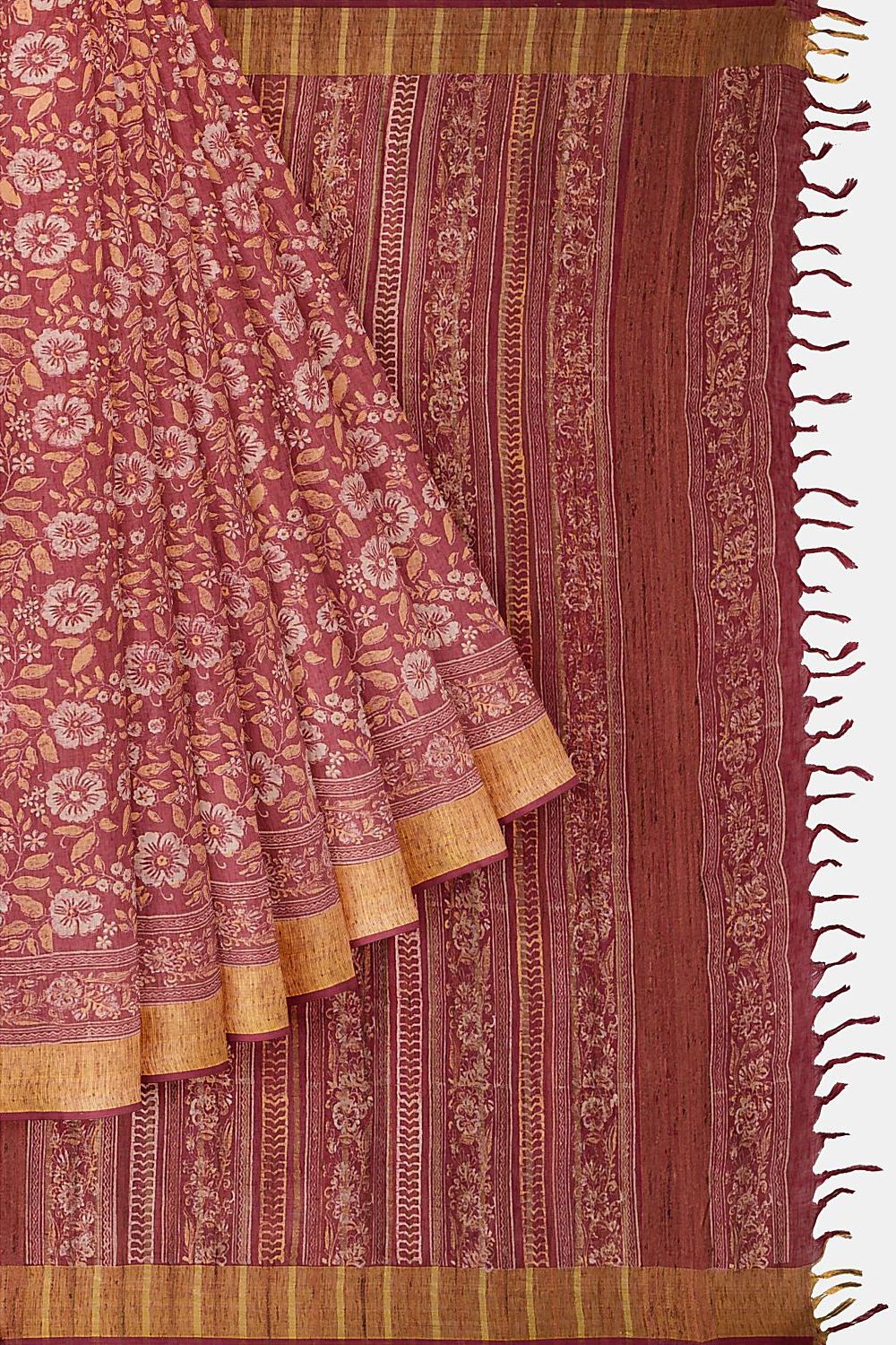 Red Pure Linen Printed Saree image number null