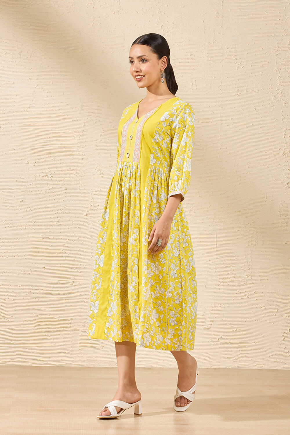 Yellow Pure Cotton Printed Sanganeri Dress image number null