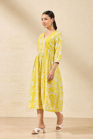 Yellow Pure Cotton Printed Sanganeri Dress thumbnail image number null