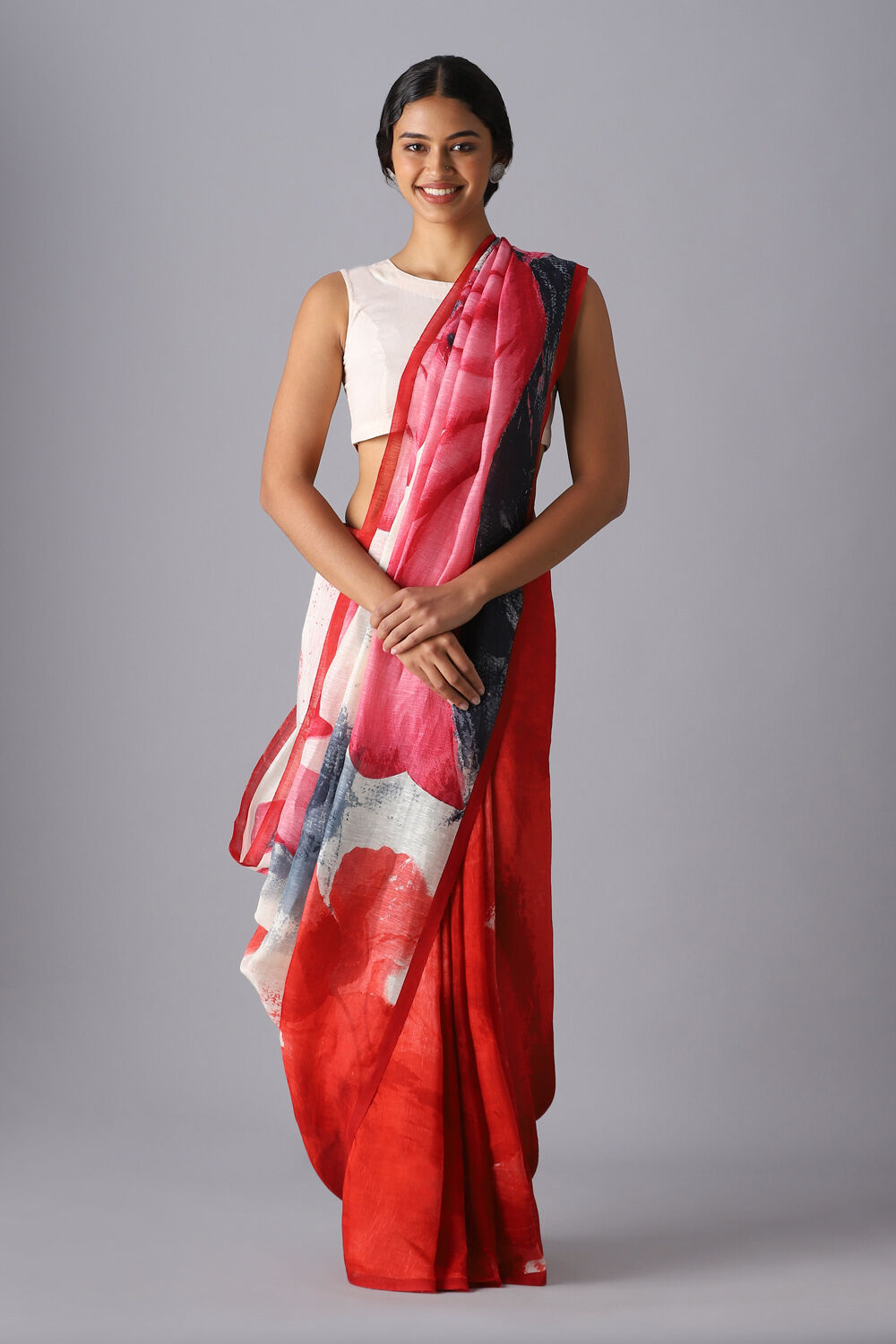 Red Pure Silk Linen Printed Saree image number null