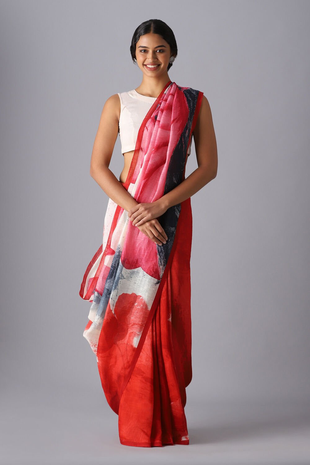 Red Pure Silk Linen Printed Saree image number null