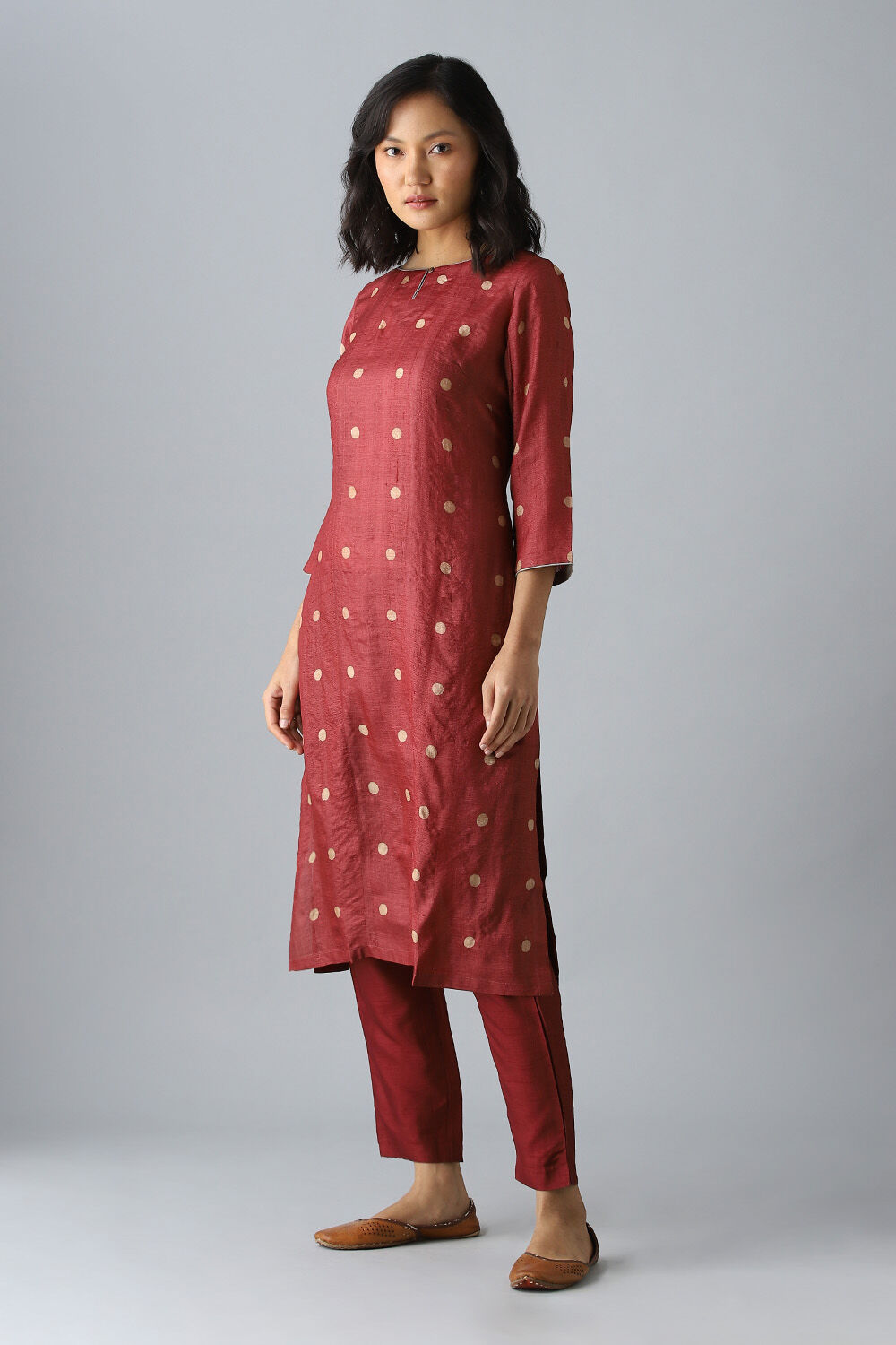 Dark Red Tussar Block Printed Kurta Set image number null