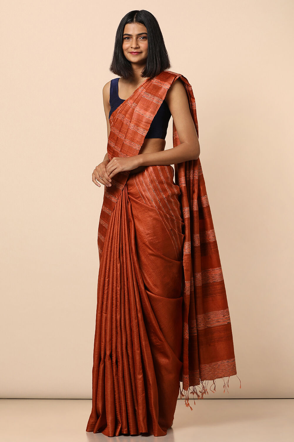 Dark Orange Pure Tussar Silk Woven Saree image number null