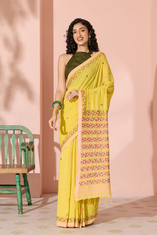 Yellow Kantha Embroidered Pure Cotton Bengal Saree thumbnail image number null
