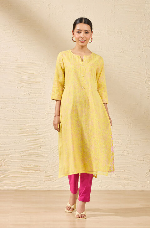 Yellow Pure Kota Printed Sanganeri Kurta