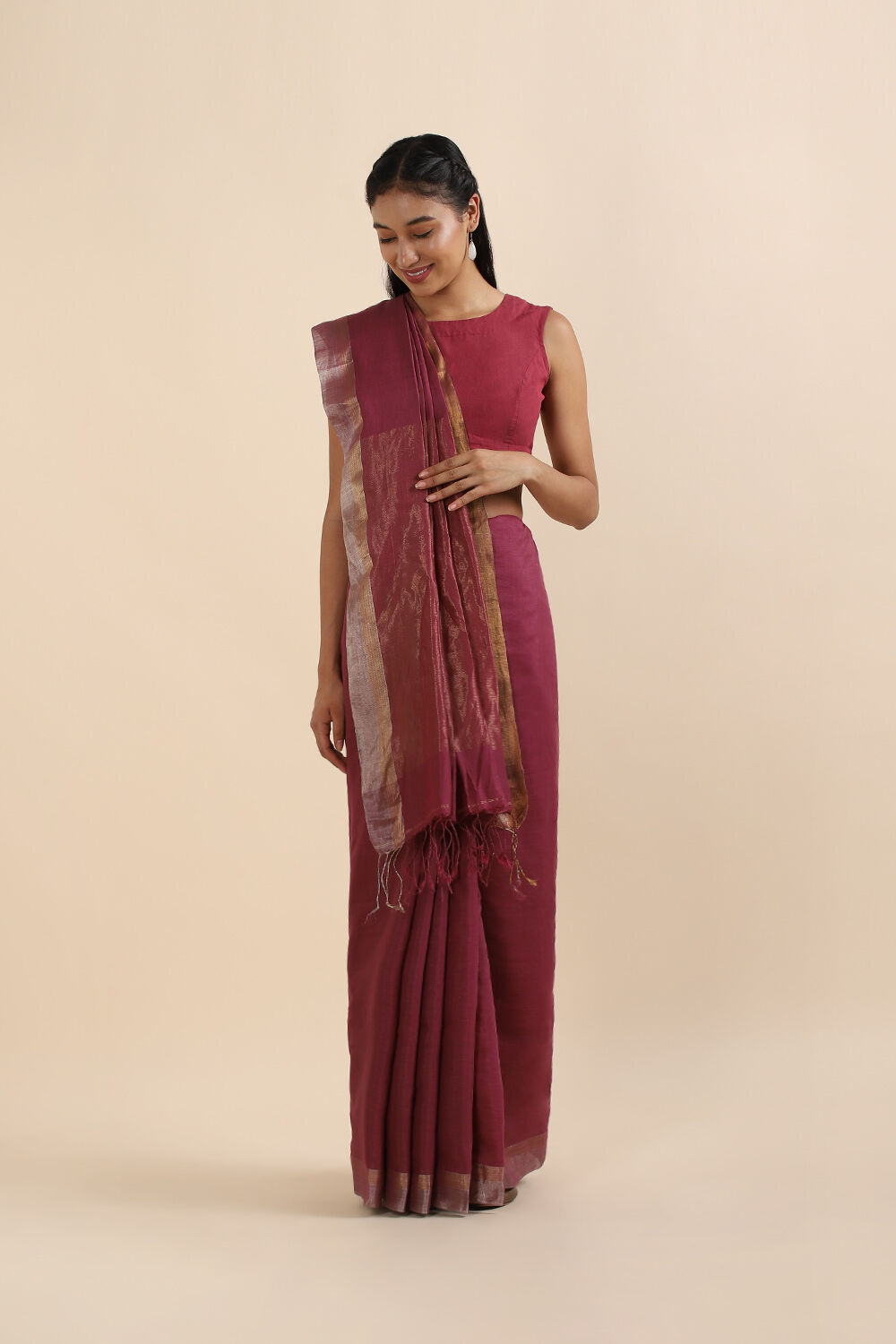 Dark Pink Pure Silk Cotton Jamdani Saree image number null