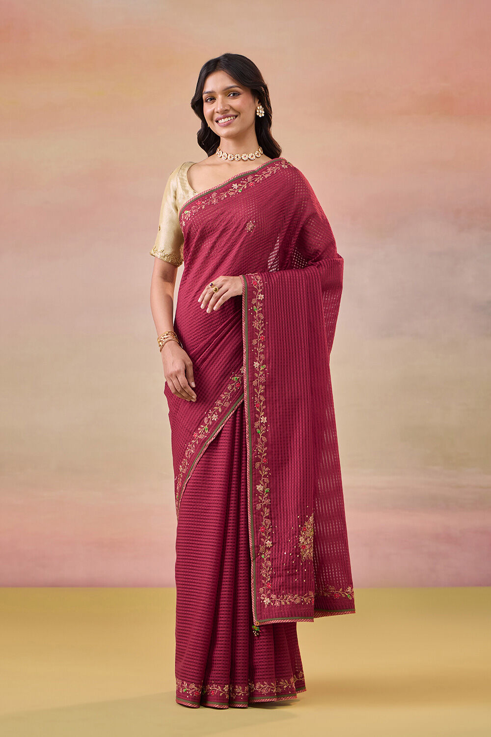 Dark Red Pure Silk Cotton Embroidered Saree image number null
