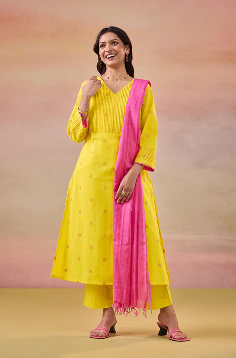 Yellow Woven Pure Cotton Kurta Set