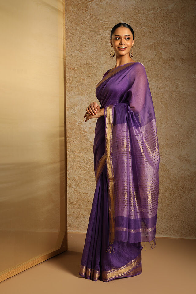 Violet Woven Pure Silk Cotton Maheswari Saree