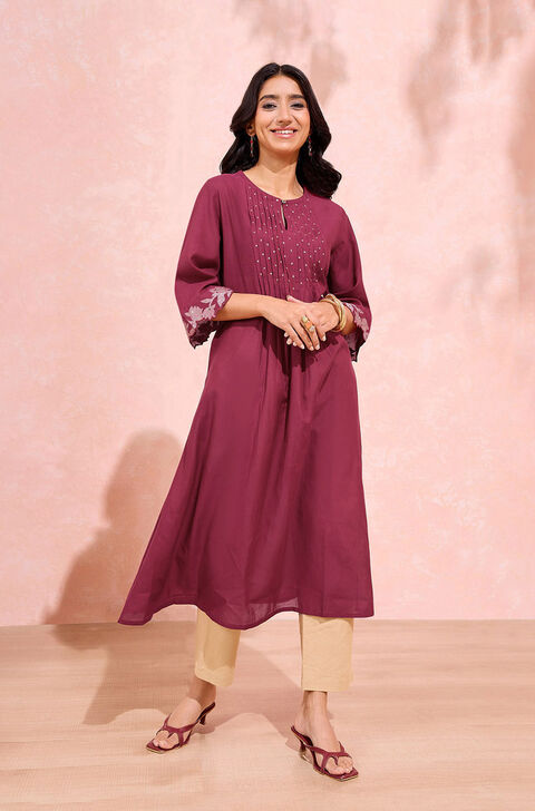 Dark Pink Cotton Viscose Embroidered Kurta