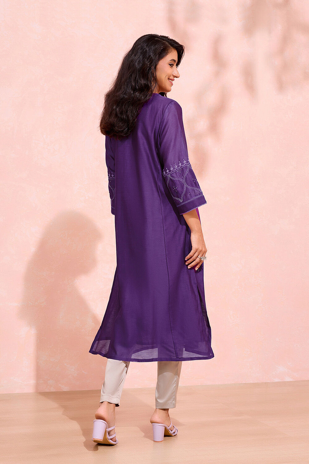 Purple Pure Silk Cotton Chikankari Kurta image number null