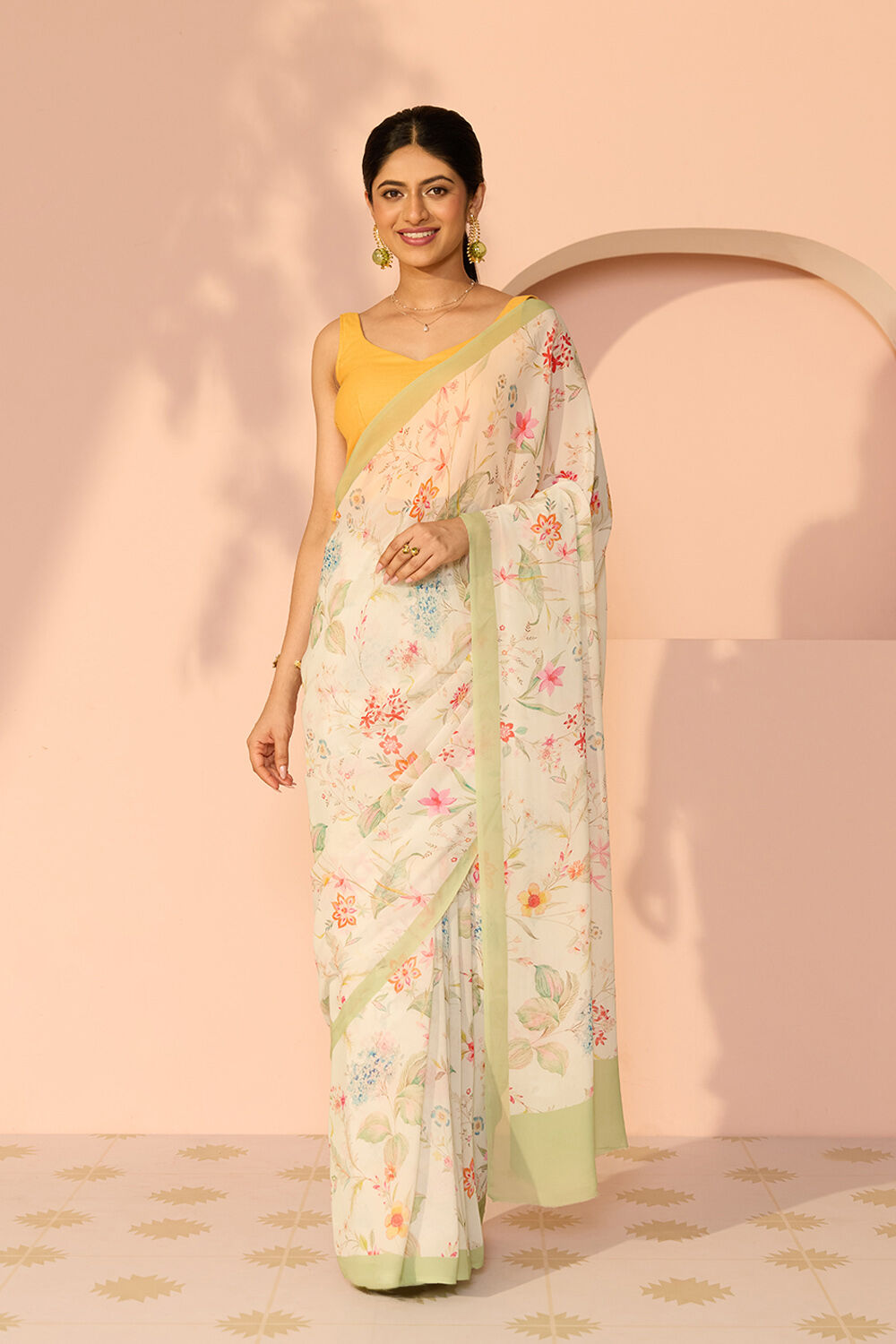 Off White Printed Viscose Georgette Saree image number null