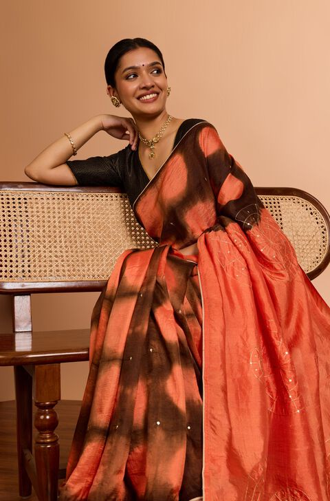 Orange Murshidabad Pure Silk Embroidered Saree