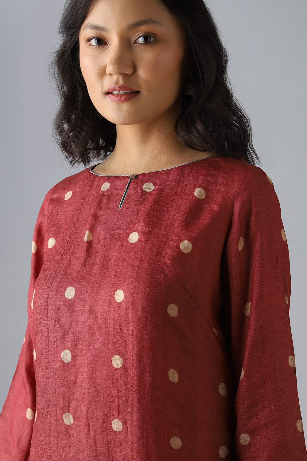 Dark Red Tussar Block Printed Kurta Set image number null