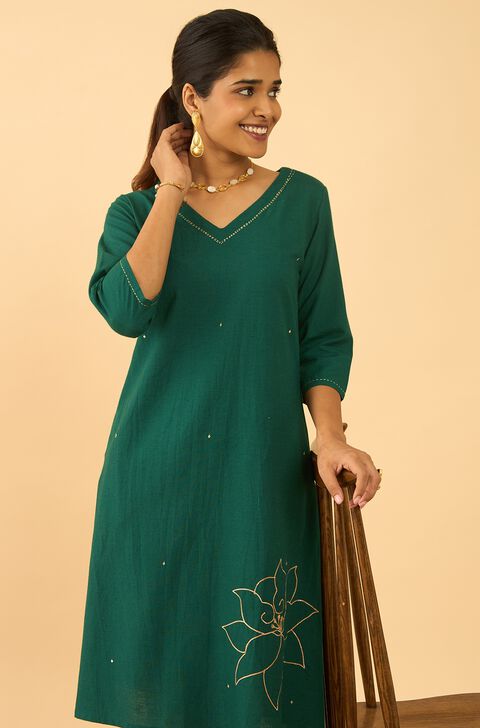 Dark Green Viscose Cotton Embroidered Kurta