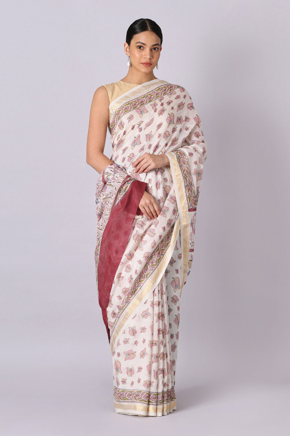 Off White Pure Silk Cotton Sanganeri Printed Saree image number null