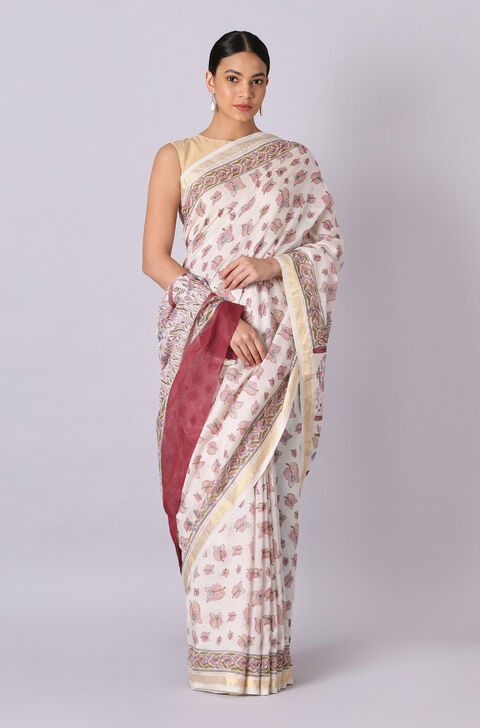 Off White Pure Silk Cotton Sanganeri Printed Saree