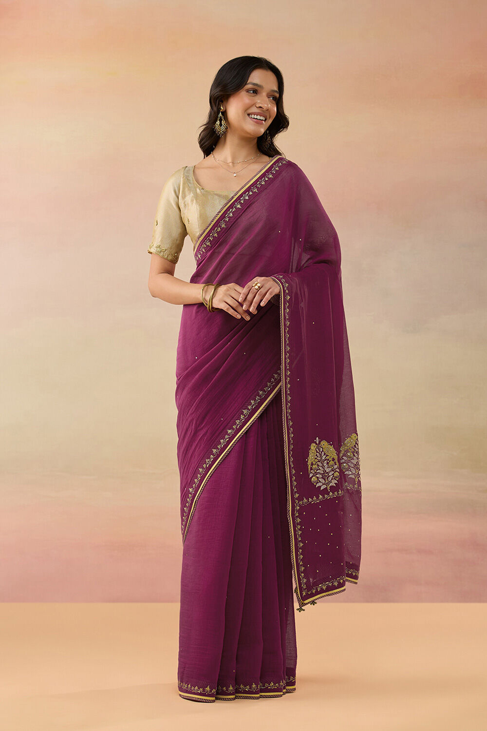 Purple Pure Silk Cotton Embroidered Saree image number null