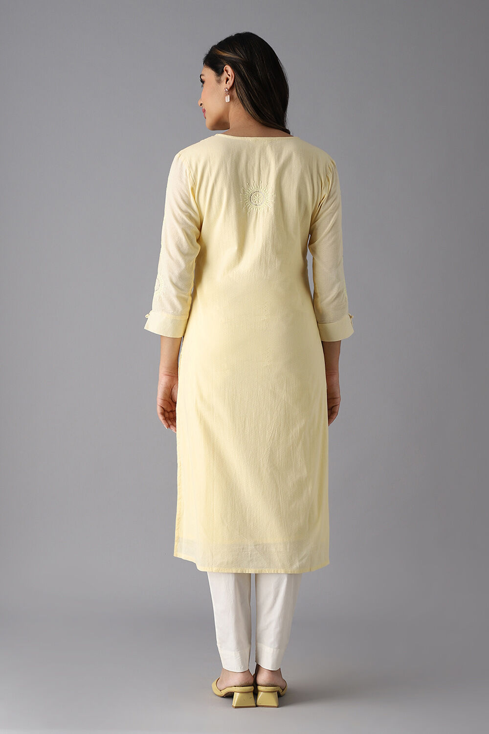 Light Yellow Cotton Embroidered Kurta image number null