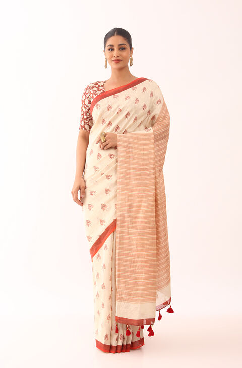 Off White Tissue Linen Screen Printed Saree