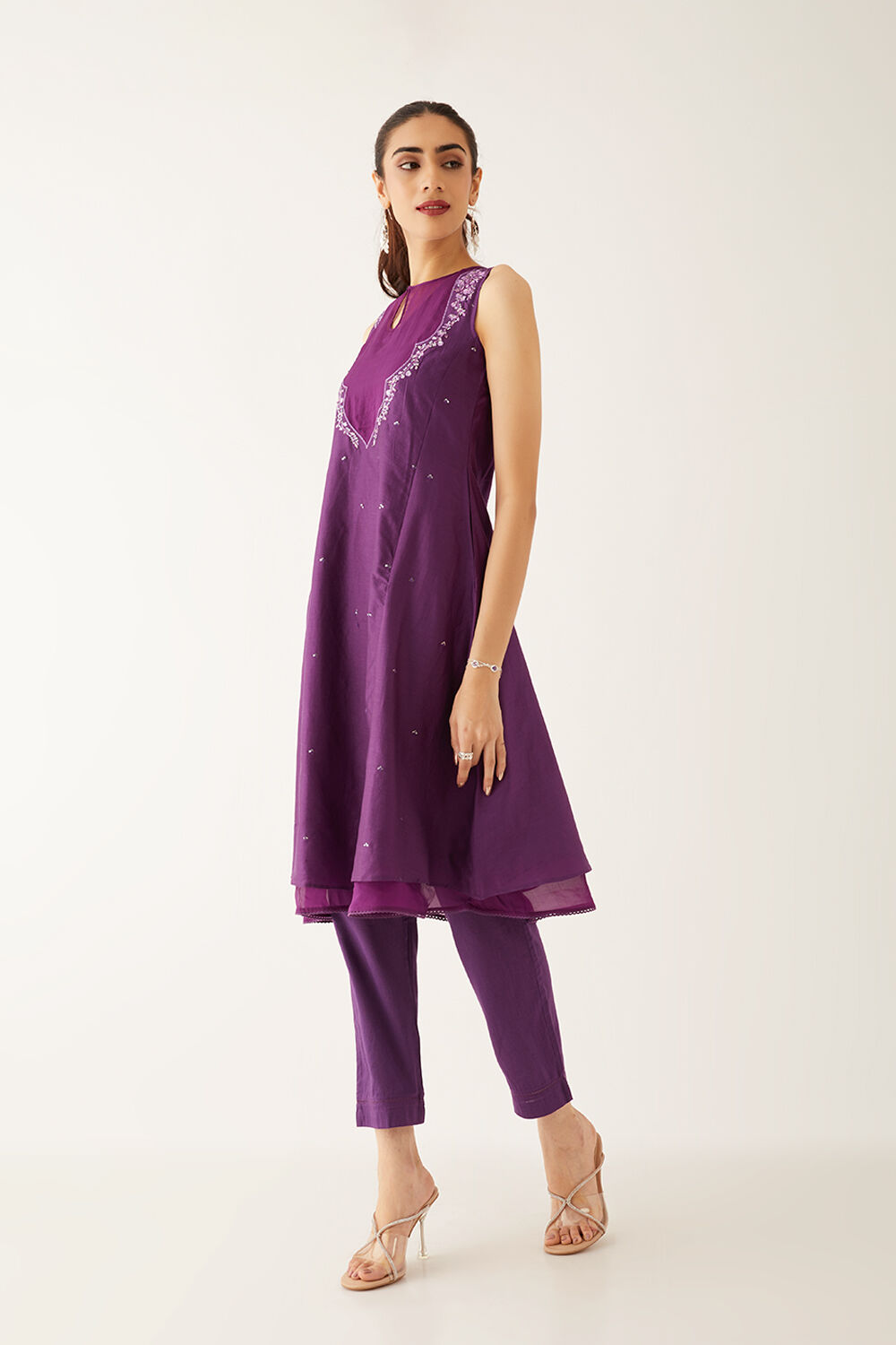 Violet Silk Cotton Embroidered Kurta Set image number null