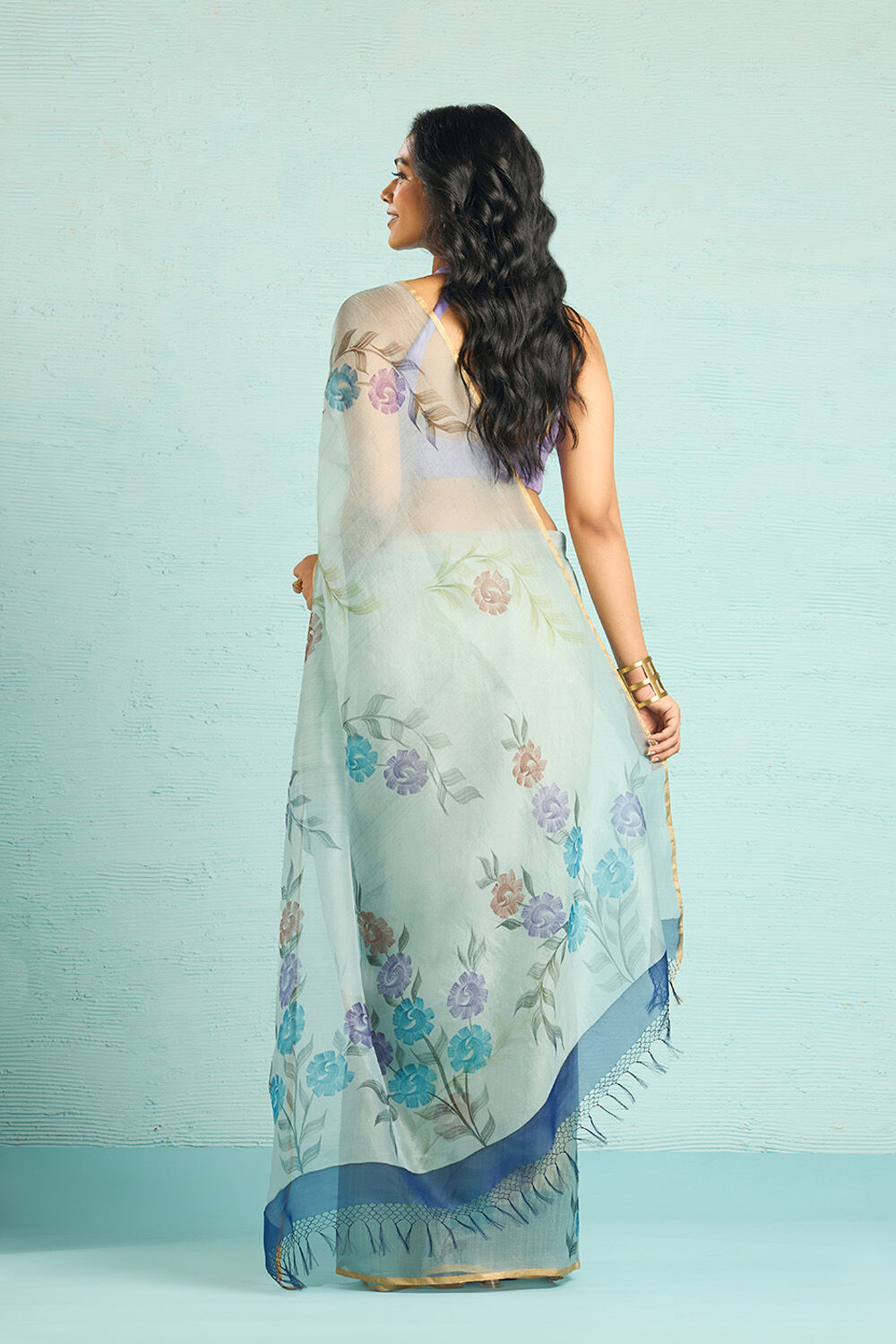 Blue Pure Silk Organza Hand Painted Banarasi Saree image number null