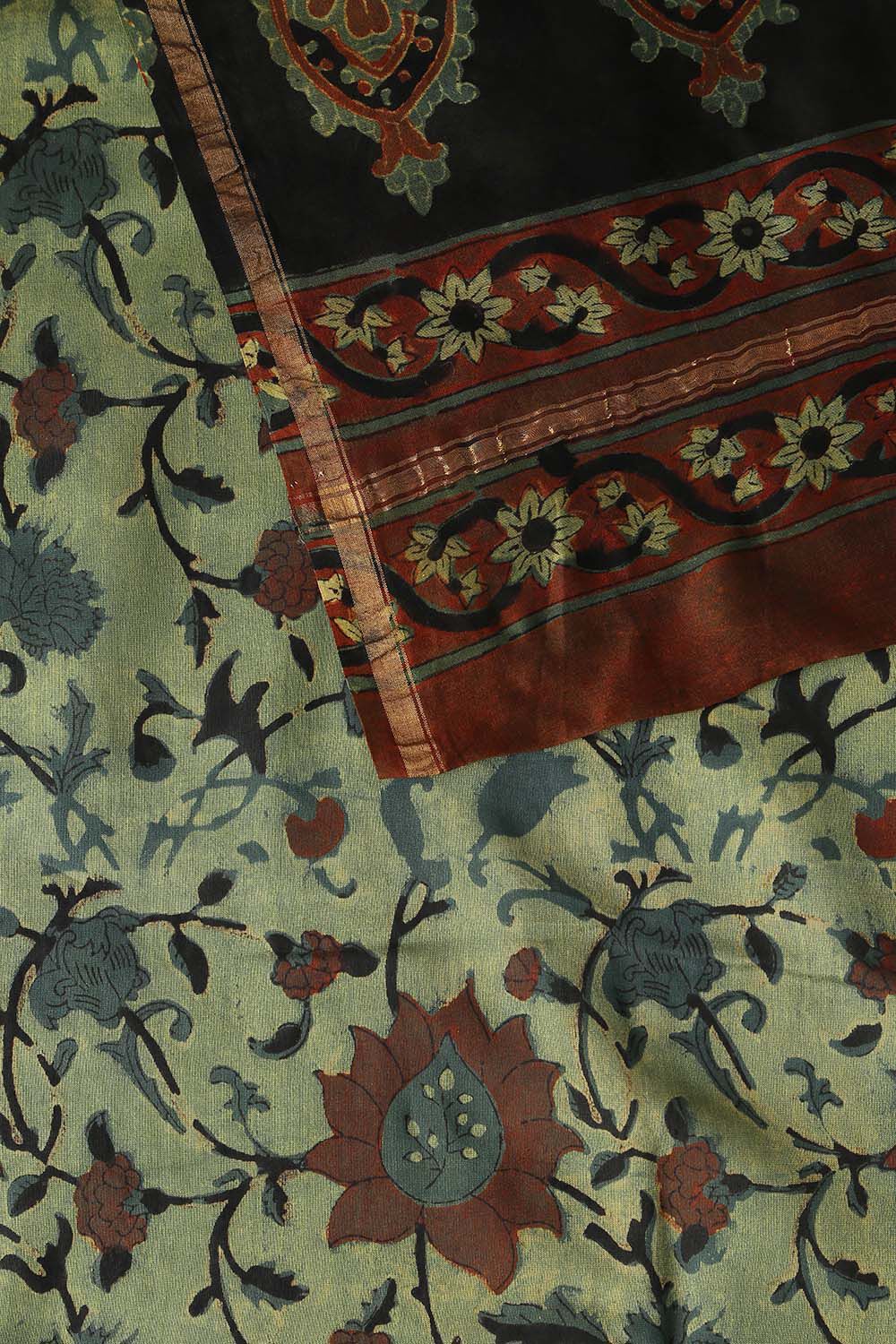 Light Green Pure Silk Cotton Bagru Printed Saree image number null