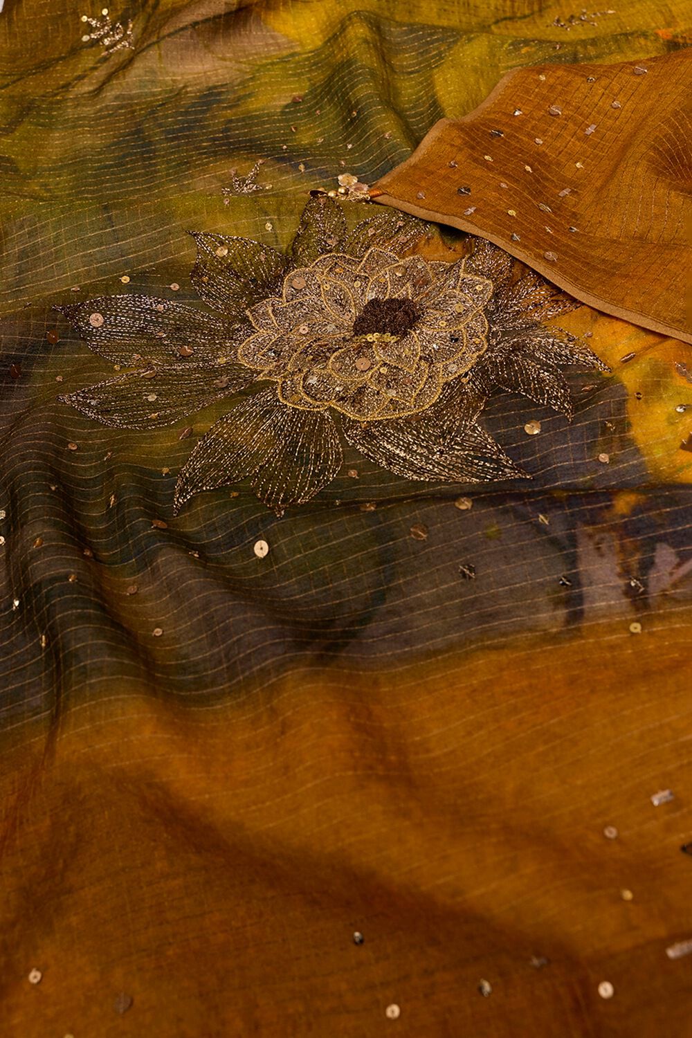 Yellow Pure Silk Printed Embroidered Saree image number null
