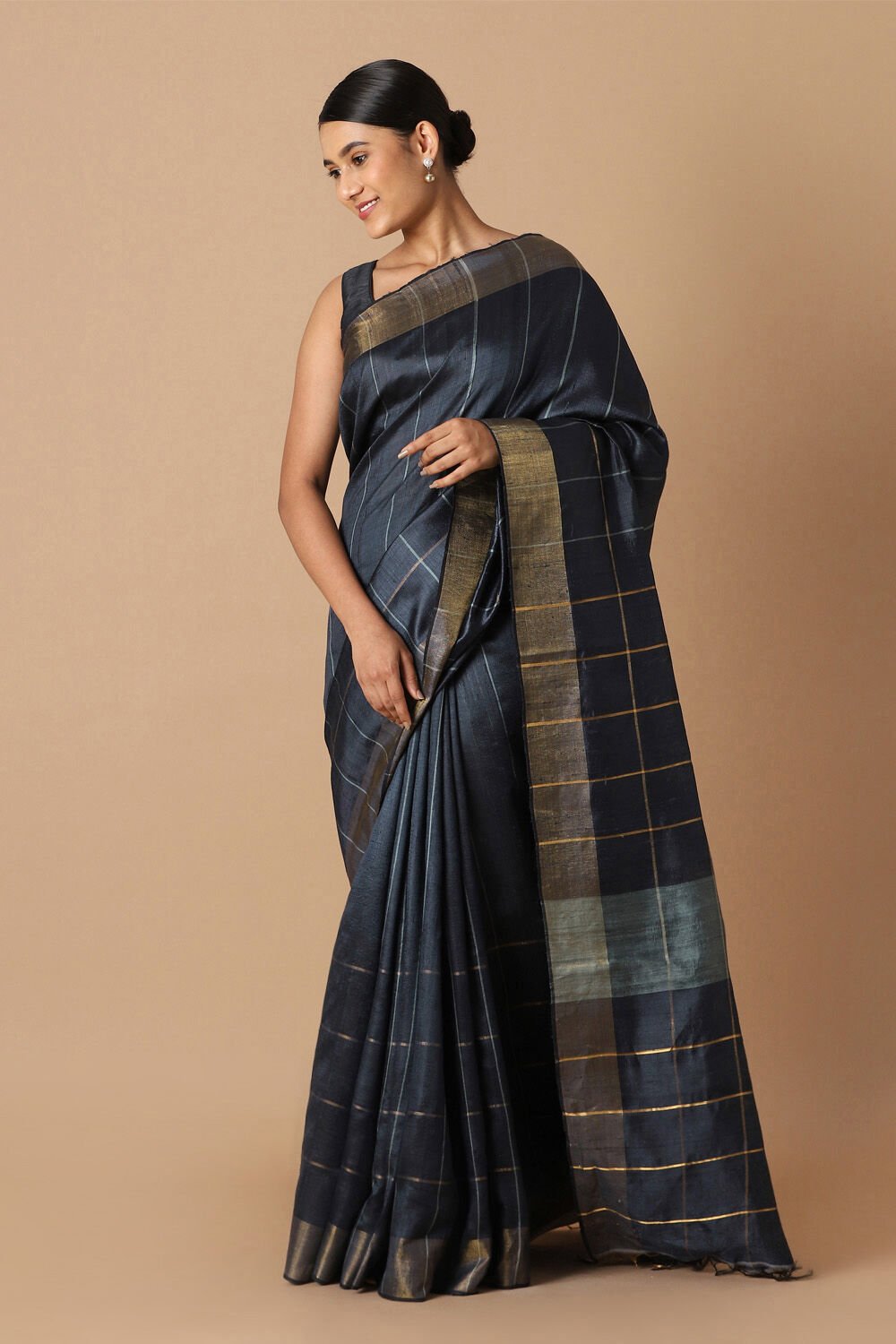 Dark Blue Pure Tussar Silk Bhagalpuri Saree image number null
