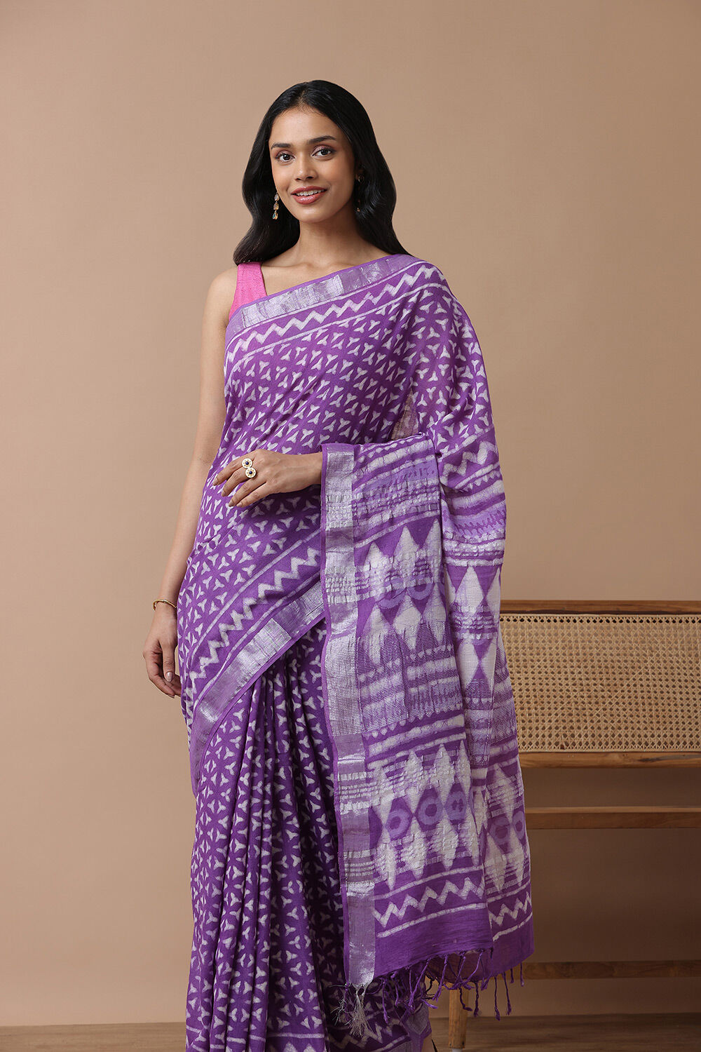 Light Violet Cotton Viscose Rajasthan Block Printed Saree image number null
