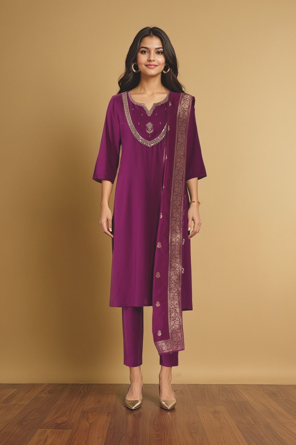 Purple Viscose Embroidered Kurta Set image number null
