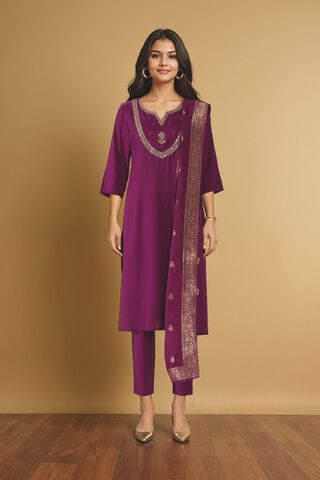 Purple Viscose Embroidered Kurta Set thumbnail image number null