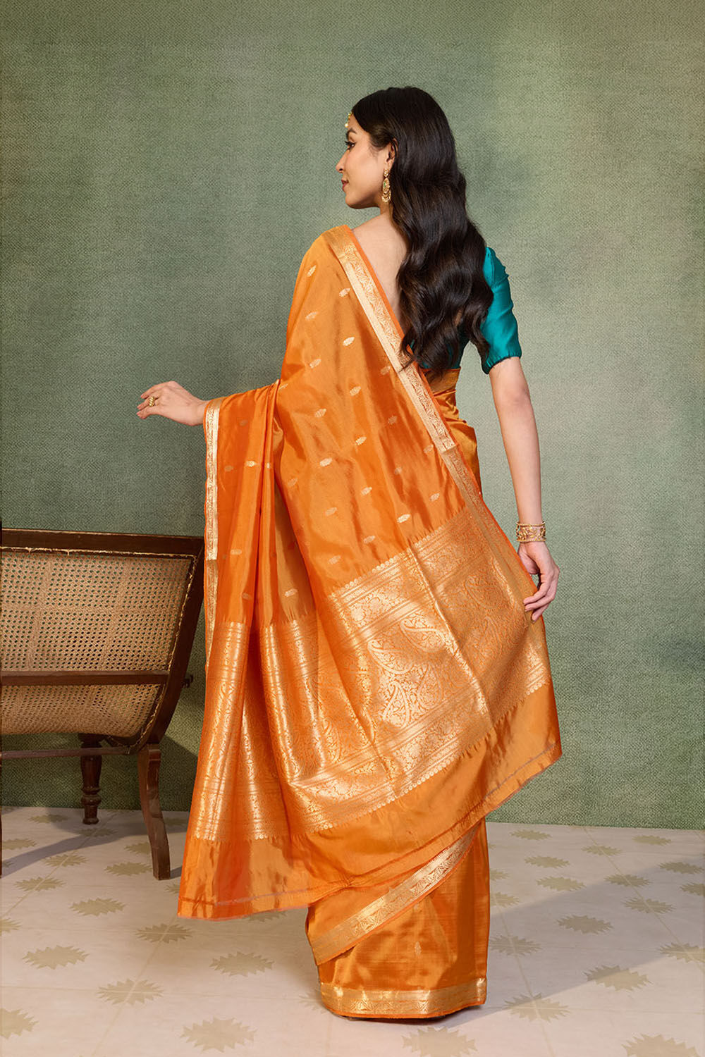 Orange Silk Viscose Cutwork Banarasi Inspired Design Saree image number null