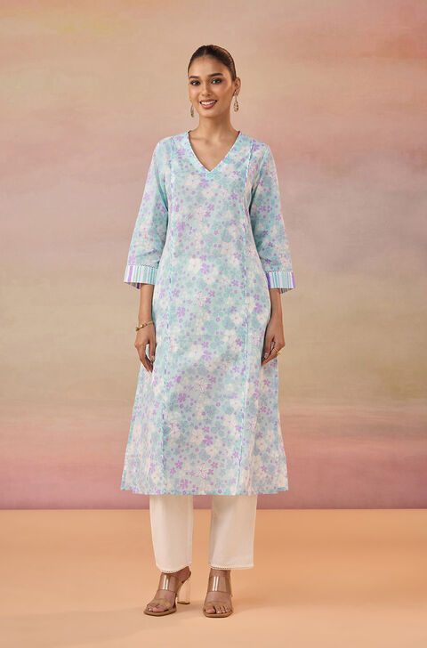 Blue Screen Printed  Pure Cotton Kurta