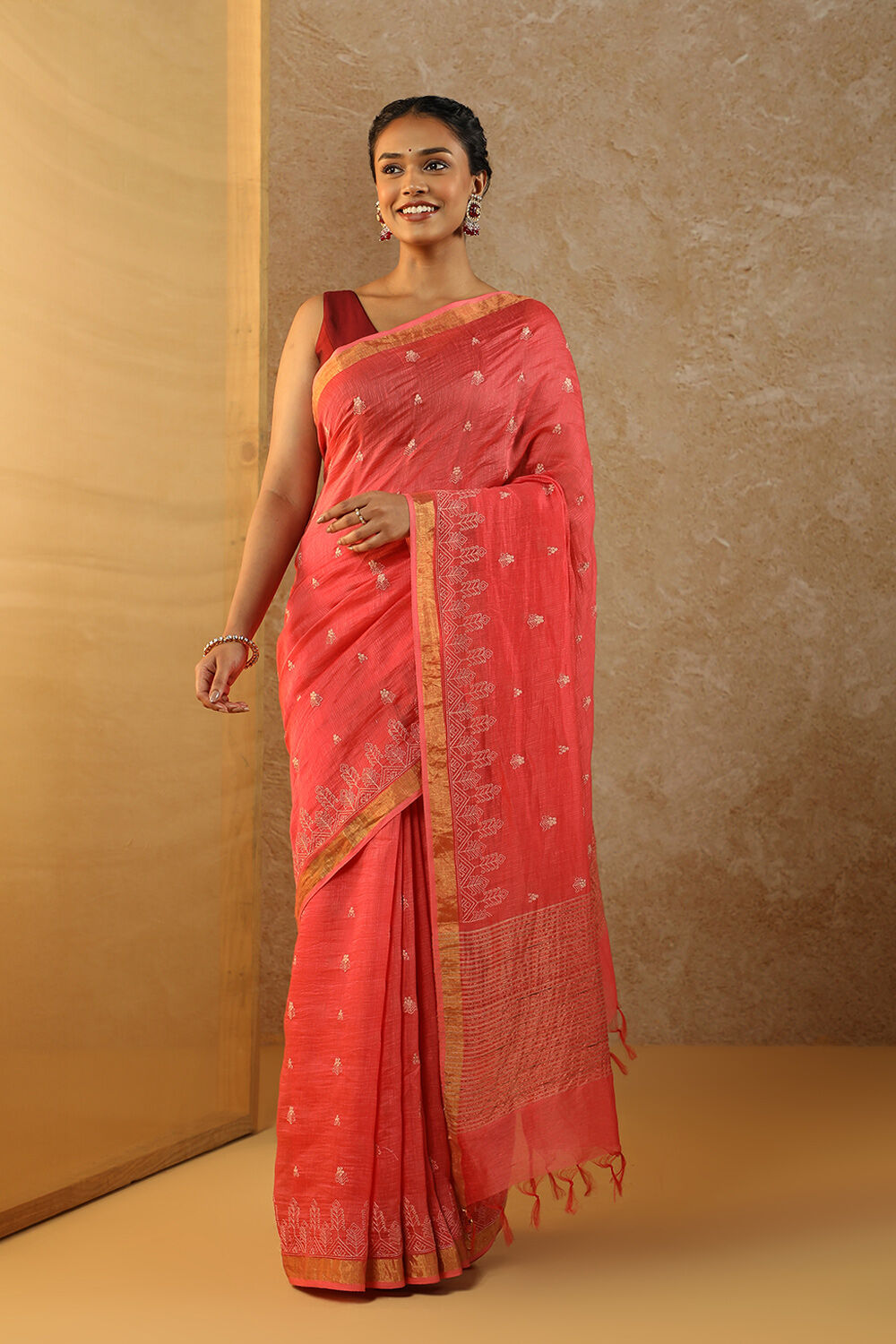 Red Bhagalpur Pure Silk Linen Embroidery Saree image number null