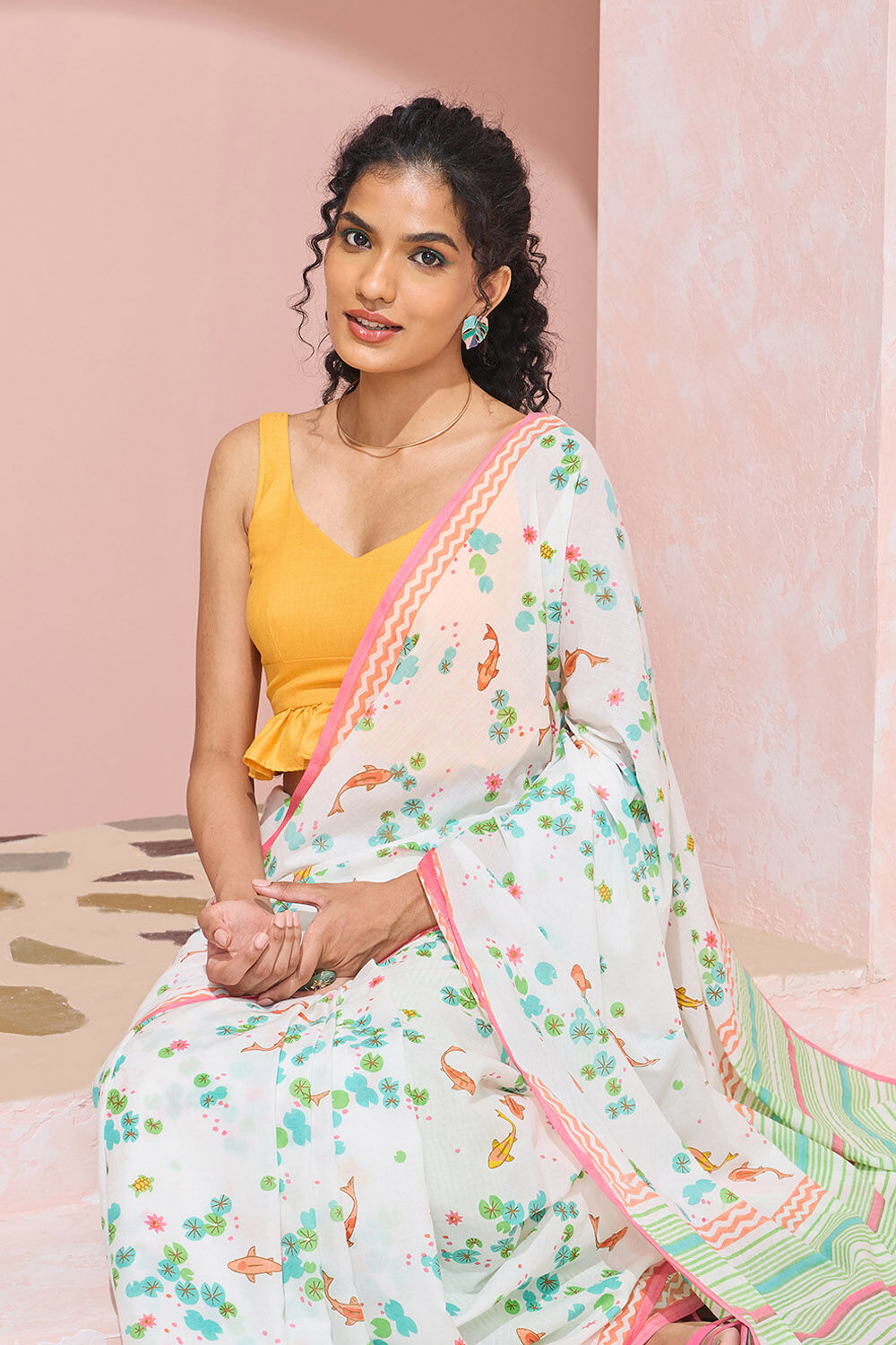 Off White Rajasthan Pure Cotton Printed Sanganeri Saree image number null