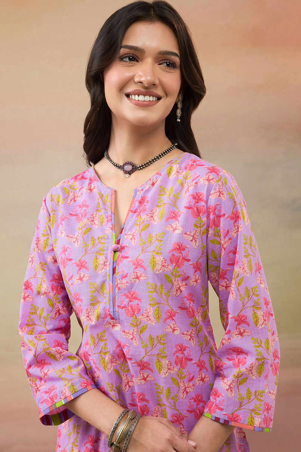 Light Violet Pure Cotton Screen Printed  Kurta image number null