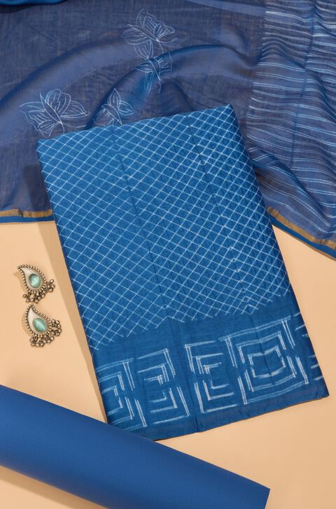 Dark Blue Pure Silk Cotton Tie & Dye Shibori Unstitched Suit Set