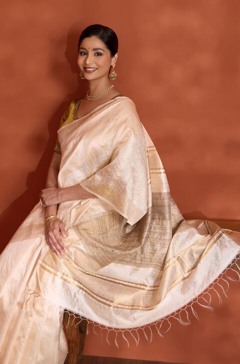 Beige Bhagalpur Woven Pure Tussar Silk Saree