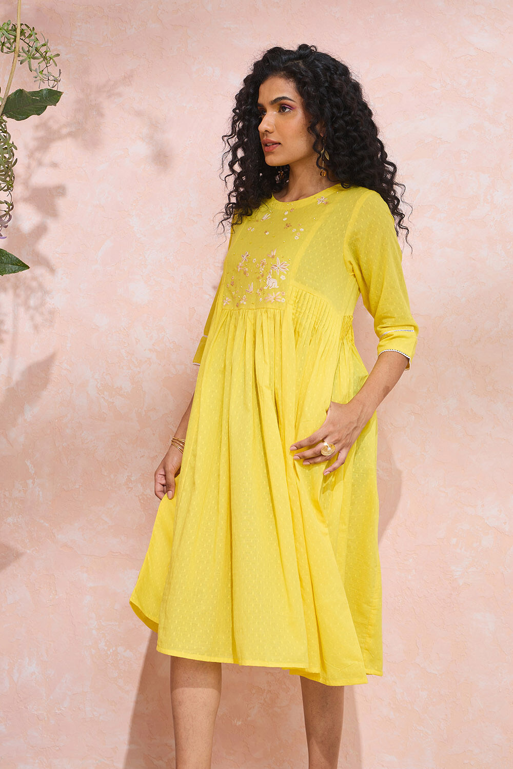 Yellow Cotton Viscose Embroidered Dress image number null